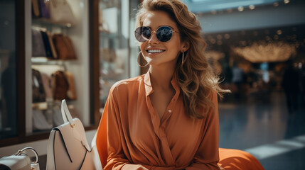 A fashion photograph of a young fashionable lady model wearing sun glasses walking toward the camera with a bag in hand and wearing a beautiful dress, for seasonal shopping clothing brand banner