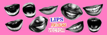 Halftone Human Lips And Mouths For Collage Mixed Media Design. Cut Out From Magazine Shapes, Modern Retro Grunge Dotted Stickers. Pop Art Vector Illustration Isolated On Pink Background