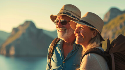 Wall Mural - couple of travelling seniors looking at sunset happy smiling 