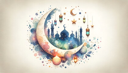 Wall Mural - Watercolor of mosque, lantern, cresent moon, stars, plant and flower. Eid Mubarak for gift card