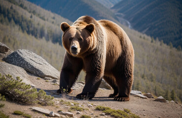 Fototapeta niedźwiedź brunatny z bliska w górach.