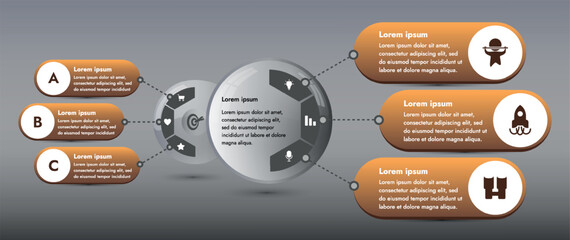 Three infographic elements with 6 and 3 sections for information. The set will help you present your data in a modern way. Use the collection to create presentations, create animated infographics.