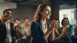 © AlexandraRooss - Excited Businesswoman Applauding at Office Meeting Generative AI