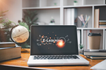 E-learning and online education for student and university concept. Laptop with inscription on screen e-learning, technology to carry out digital training course for student. e-learning on computer