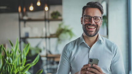 Männlicher Arbeiter im Büro mit Handy in der Hand