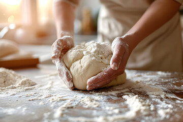 design for cooking or baking ad, fresh dough, baker hands. Bakery, wooden table, cusine. French kitchen