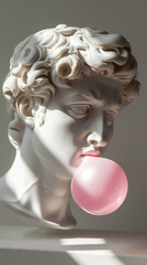 Antique-like female white statue head blows pink bubble gum. Contemporary art. Generative AI