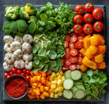 Fototapeta Tęcza - Assorted multicolored vegetables and herbs on dark slate, flat lay