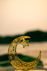 Sticker - Crescent moon shape on the beach with sunset sky, 2024 Eid Mubarak concept, Ramadan background image