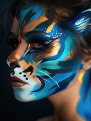 Wall Mural - Creative female face painting by a real makeup artist. Using bright colors on a beautiful woman. Make-up Generative AI