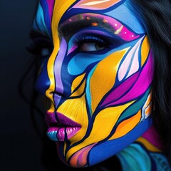 Wall Mural - Creative female face painting by a real makeup artist. Using bright colors on a beautiful woman. Make-up Generative AI