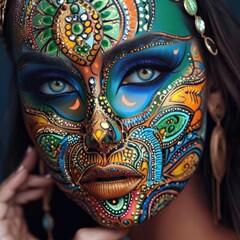 Wall Mural - Creative female face painting by a real makeup artist. Using bright colors on a beautiful woman. Make-up Generative AI