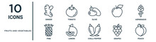 Fruits And Vegetables Outline Icon Set Such As Thin Line Ginger, Olive, Asparagus, Lemon, Grapes, Peach, Pine Icons For Report, Presentation, Diagram, Web Design