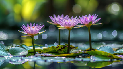 Wall Mural - pink water lilies in sunshine, tranquility in idyllic nature, wellness