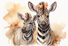 Watercolor Portrait Of Two Zebras. Illustration On White Background.