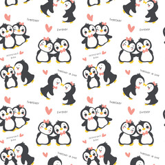 Wall Mural - Valentine penguin couple pattern seamless cartoon hand draw isolated on white background.