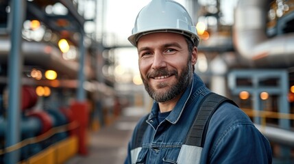 Poster - Portrait a happy engineer working on a petrol plant. Generative AI.