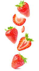 Poster - Vibrant cut strawberries with lush green tops levitation on white background