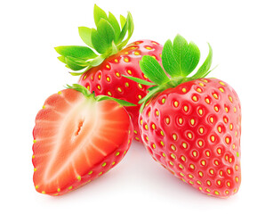 Poster - wo strawberry fruits and a half isolated on white