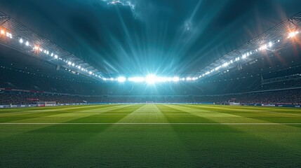 Wall Mural - Stadium lights pierce the dark night sky, Soccer match. Generative AI.