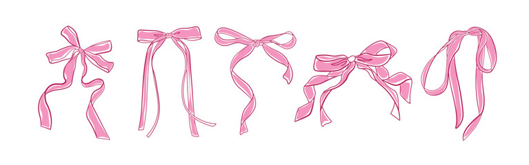 hand drawn pink bow of coquette soft style. cute pink ribbon bow collection vector