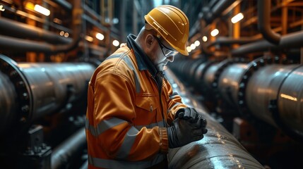 Poster - An engineer in a structural steel uniform is on site to check the operation of the slurry pipeline. Generative AI.