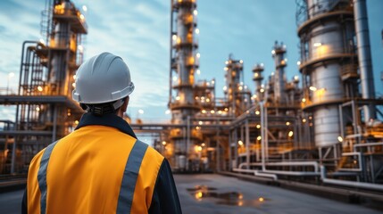 Leinwandbilder - Worker supervisor wear safety helmet standing against oil refinery plant in heavy petrochemical industry estate. Generative AI.
