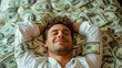 Satisfied smiling young man sleeping on bunch of cash money. Business, startup and finance management concept