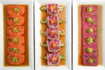 Wall Mural - Tuna appetizer with soy sauce. Japanese tiradito tuna, salmon