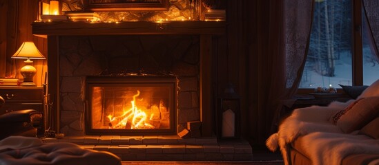 Wall Mural - A Beautiful Cozy Fireplace, Lit by the Fire, Creates a Beautiful and Cozy Ambiance