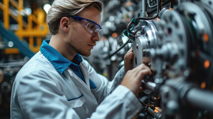Poster - Engineer inspecting and maintaining machinery in an industrial maintenance workshop. Generative AI.