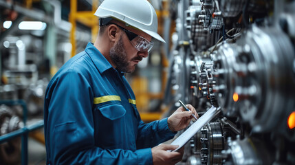 Poster - Engineer inspecting and maintaining machinery in an industrial maintenance workshop. Generative AI.