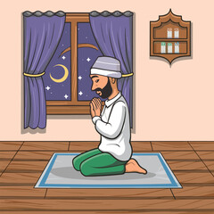 Muslim people is praying salat dhuha on a prayer mat in his room