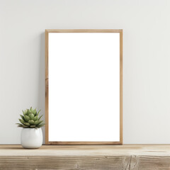 Minimalistic frame home decor with copy space for text. blank frame with succulent on the desk. white frame or transparent frame.  frame mockup on the table