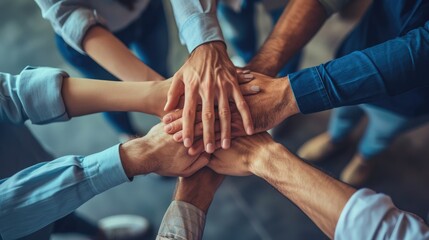 close up top view of young business people putting their hands together. stack of hands. unity and t