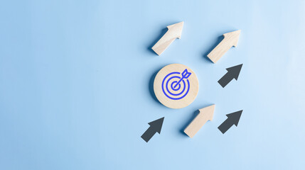 Poster - Business growth success achievement concept, hand arranging wooden block stacking as step stair or ladder for planning development leadership and customer target group concept.
