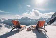 Empty Sun Loungers On Top Of A Snowy Mountain Holidays At A Ski Resort. Metaphor Of Late Vacation