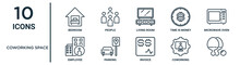 Coworking Space Outline Icon Set Such As Thin Line Bedroom, Living Room, Microwave Oven, Parking, Coworking, , Employee Icons For Report, Presentation, Diagram, Web Design