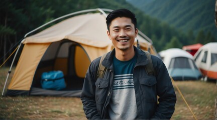 Wall Mural - Portrait of a happy smiling handsome young asian man on camping site at the mountain with a tent on the background from Generative AI