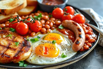 Poster - A classic English breakfast with fried eggs, sausages, baked beans, and grilled tomatoes