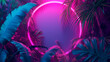 Modern trendy neon glowing light with neon blue palm tropical leaves on a violet background. Design template. Frame with copy space for text. Top view, flat lay.Generative AI