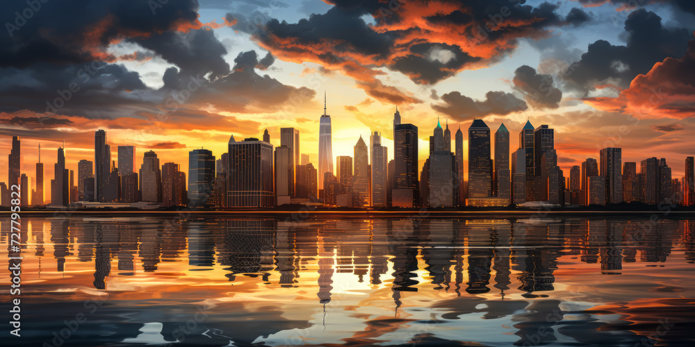 Dramatic Sunset Over a Bustling City Skyline with Reflective Waterfront ...