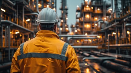 Aufkleber - Engineer Technician watching team of workers working in oil refinery with high pressure tanks. Fuel factory technologist. Generative AI.
