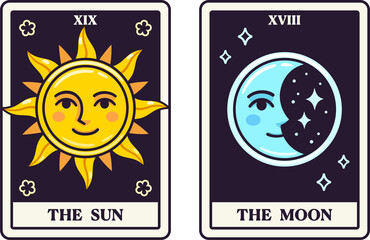 Wall Mural - The Sun and The Moon Tarot cards in simple modern cartoon style. clip art illustration.