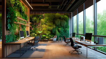Poster - Modern computer on table in office interior. Stylish workplace with vertical garden. Generative AI