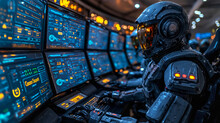 futuristic soldier in black armor sits at a control panel with multiple glowing screens, suggesting advanced technology and combat readiness