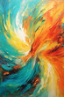 Abstract fusion of acrylic and oil paint, dynamic burst of colors emanating from the center
