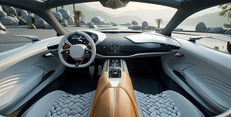 Interior and steering wheel car concept. Generative AI.