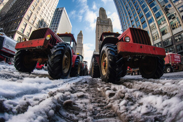 Wall Mural - Heavy agricultural machinery in city, Tractors block traffic on street, Farmers protest, Demonstration due to economic problems