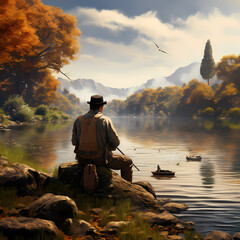 Poster - A man fishing on a tranquil riverbank. 